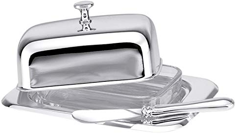Butterdose versilbert groß für 1/2 Pfund Butter (250 g) - eckige Butterglocke 17,5 × 12,5 cm mit Glas-Einsatz & Messer - eleganter Butterbehälter für Frühstückstisch, Brunch & Hotellerie