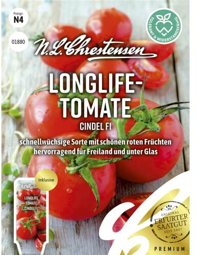 Chrestensen Longlife-Tomate Cindel F1 Samen, Resistent Früh, 130g | Freiland Gewächshaus, Lange Haltbar Lagerfähig, Lycopersicon Saatgut, TMV Fusarium Verticillium, Robuste Freilandtomate Salat