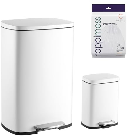 Happimess HPM1006C Mini poubelle en acier à pédale gratuite Fermeture du couvercle en douceur, Poubelle pour Maison, Bureau, Cuisine, Grand : 50 L, Petit : 5 L, Blanc