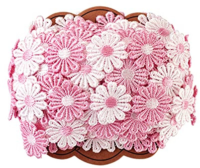 Pandahall Spitzenbordüre mit Gänseblümchen, Sonnenblume, 2,5 cm breit, mit Perlen, Rosa, bestickt, für Applikationen, Stirnband, Näh- und Bastelprojekte, Hochzeit, Party-Dekoration