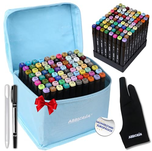 ABBI Essentiels 80 Alkohol marker mit Doppelseite Zeichenset: Etui, Fineliner und Künstlerhandschuhe INKLUSIVE | Ausmalen für Erwachsene, Kinder, Anfänger oder Profis| ABBICREA Permanente