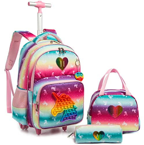 Rucksack Mädchen Schulranzen Trolley,Schulrucksack Mädchen Teenager,3PCS 17” Kinder Schultrolley Geeignet für Schule und Reise,Rosa Einhorn Spielzeug Rollenrucksack,Mit Essensbeutel und Federmäppchen