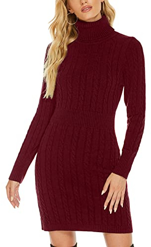 QUNERY Vestito Donna Invernale Elegante,Abito in Maglia Manica Lunga Collo Alto per Autunno,Vestiti Maglione Elasticizzato Casual A-Bordeaux S