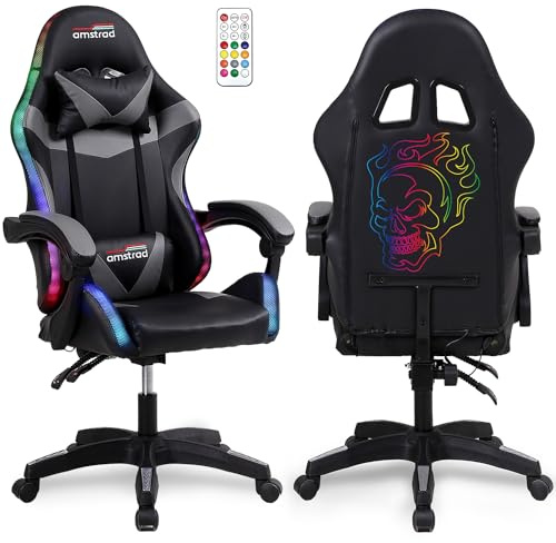Amstrad AMS-900-LED-SKULL - Fauteuil Gaming Noir et Gris - Serigraphie Tête de Mort - Eclairage LED 366 Effets - Télécommande