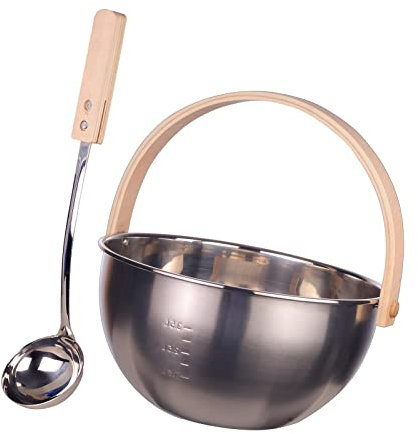 Folpus Sauna Edelstahl Eimer Und Pfannen Set mit Holzgriff Saunazubehör