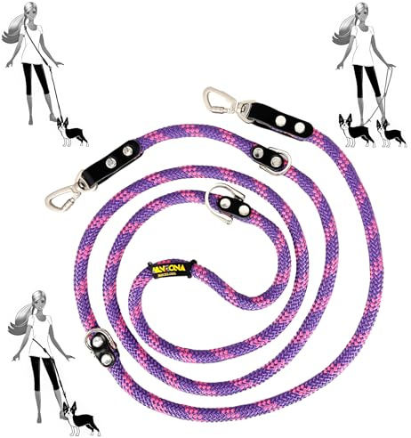 Multifunktionale Freihandleine für Hunde. Violett Rosa & Schwarz. | 12-mm-Polyesterseil mit Lederdetails und 2 Karabinern; 3-fach verstellbar, auch als Doppelleine. In Spanien gefertigt.
