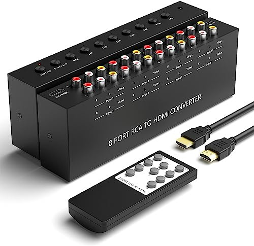 Convertidor RCA a HDMI AV a HDMI de 8 puertos 1080P/720P 8 vías RCA compuesto CVBS AV Switch a HDMI adaptador convertidor compatible con interruptor 4:3/16:9 para cámara Sega Xbox PS1 PS2 PS3 N64 NGC