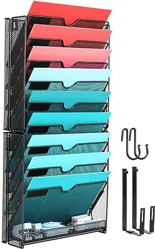 GALASALA Wandordner-Organizer, 10 Taschen, Netz-Hängeregister, Wandhalterung, Aktenhalter mit Haken, Wand-Organizer, Zeitschriftenständer für Bürobedarf, schwarz