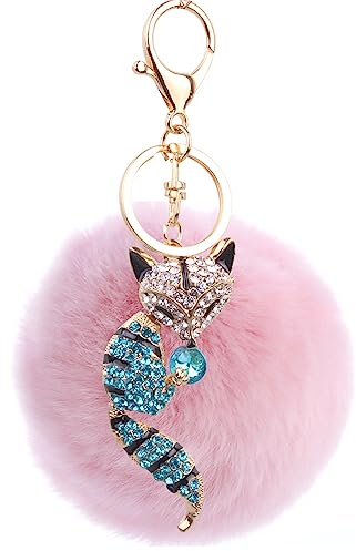 Canarea Schlüsselanhänger plüsch ball Keychain Taschenanhänger Mini-Fuchs Glitzer bommel Dekor Auto-Anhänger Pompom Plüsch-Kugel Schlüsselring (Pink)