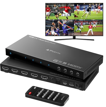 Commutateur HDMI Multiviewer 4x1 avec PIP, Portta Quad Multi Viewer Commutateur sans Couture 4 en 1 avec Toslink, Sortie Audio 3,5 mm Prise en Charge 1080p 60 Hz, 6 Modes de visualisation,
