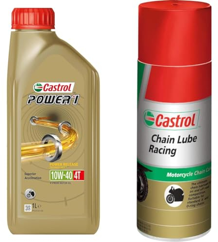 Castrol Bundle | Castrol POWER1 4T 10W-40 Motoröl, 1L + Castrol Chain Lube Racing Hochleistungskettenspray, 400 ML