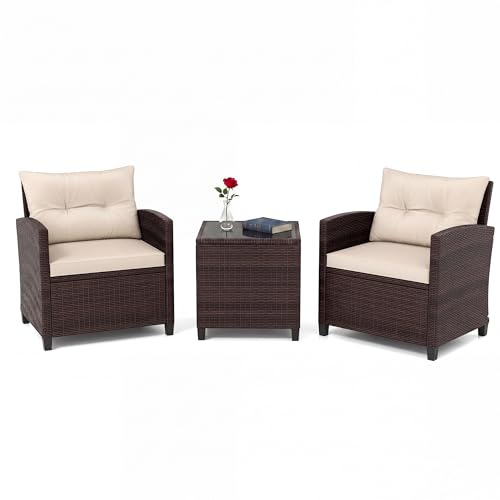 LIFEZEAL Gartenmöbel 3er Set, 2 Rattanstühle & Gartentisch aus PE-Rattan, Sofas & Couchtisch aus gehärtetem Glas, Sitzgruppe mit abnehmbaren Kissen für den Terrassen, Balkon, Garten (Beige)