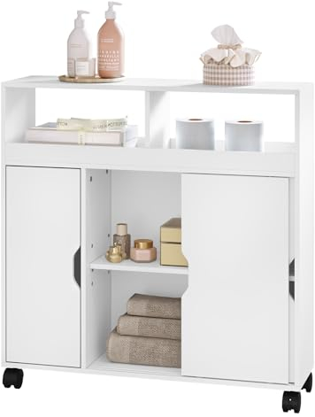 EUGAD Nischenschrank, Badezimmerschrank Badschrank auf Rollen, Badrollwagen mit Schiebetüren, Badezimmerregal mit offenen Fächern, Badmöbel, aus MDF, 70x71,5x20 cm, Weiß