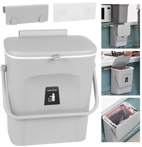 Rawhui Mülleimer Küche 9 L Bio Mülleimer mit Deckel, Hängender Abfalleimer Küche Trash Bin für Küche/Camping/Auto/Bad/Büro/Schlafzimmer(Grau)