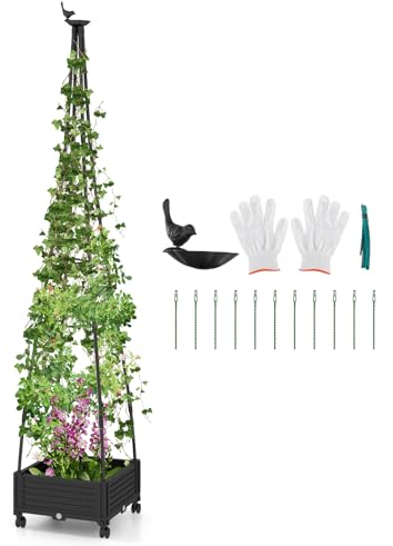 GOPLUS Pflanzkasten mit Rankgitter, Pflanzgefäß mit Selbstbewässerungssystem, Gartenbett Blumenkübel mit Rankhilfe Pflanzturm mit Hochbeet, Pflanzkübel mit Rollen, Schwarz, 41 x 41 x 206 cm