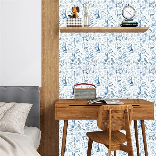 Selbstklebende Tapete Blaue Blätter Tropisch Strukturtapete Wandtattoo Schlafzimmer Tapete Selbstklebend Vliestapete Wallpaper for Living Room Tapeten Langlebig Wandschutzfolie 45x600cm