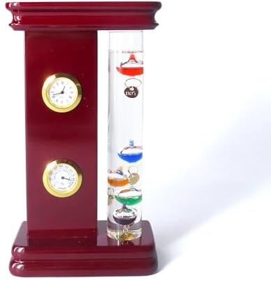 Lily's Home Analog Weather Station with Galileo Thermometer, Quartz Clock & Hygrometer, Glass Wood Frame Design, Ideal Gift for Friends & Family, Indoor & Outdoor Décor (4.2” x 2.2” x 7.1”)