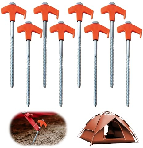 8 Screw in Tent Stakes, 2024 Upgraded Heringe Erdnägel Stabil, Schraubheringe Camping Peggy Peg für Camping und Outdoor Zeltheringe zum Schrauben für Harten Boden Wald (ROT, 8PCS)
