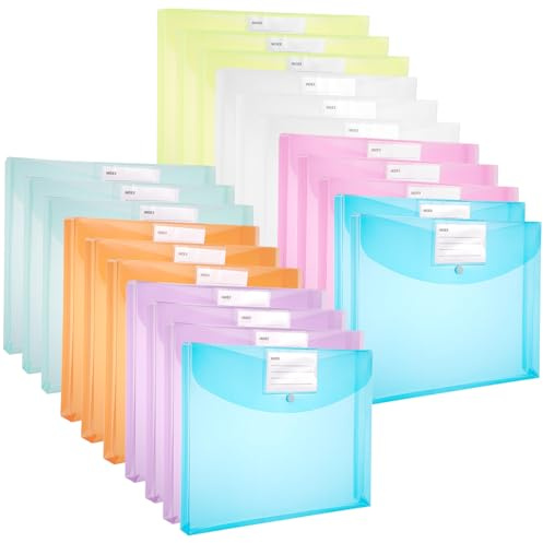 Plastic Wallets A4, 21 Pack Plastic File Folders A4 Document Folders Expandable Folders with Button for Home, Office, School and Travel