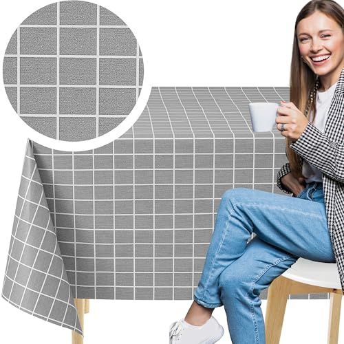 KP HOME Wipe Clean Tablecloth Square 53.9” x 53.94” (137x137cm) - Plastic Table Cloth Wipe Clean for Outdoor Indoor Use, PVC Oil Cloth Table Cover Waterproof - Wipeable Vinyl - Modern Grey Grid