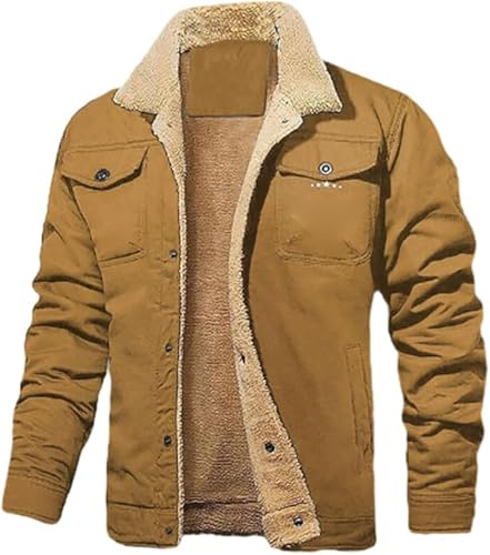 APRILADY Vestes cargo doublées en polaire pour homme, manteaux d'hiver chauds et épais, vestes de camionneur décontractées, veste de cowboy western rétro, kaki, S