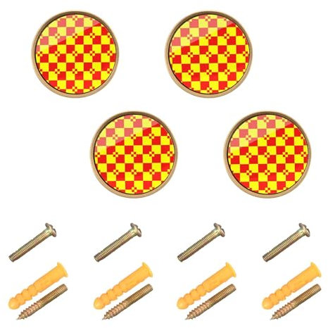 EtherSpher Möbelknäufe für Schränke und Schubladen, anpassbar, Büffelkariert, rot, gelb, dekorativer Knauf, 32 mm, Küchenknöpfe für Flur, 4 Stück