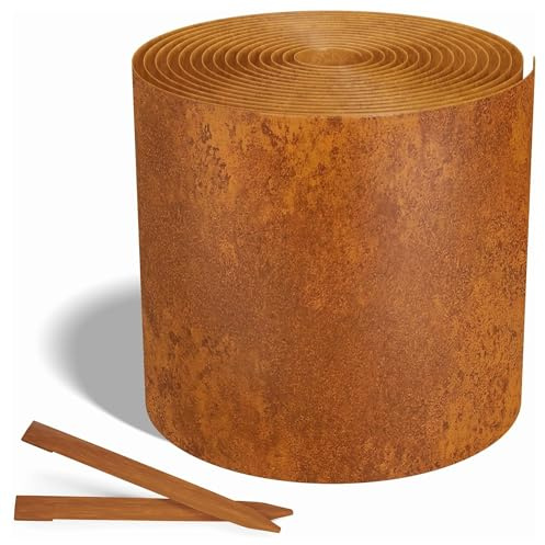 Worth Galvanized Steel Landscape Edging Roll, Flexible Metal Garden Border Fence with 8 Stakes for Lawn, Flower Bed, Yard, 6 Inch x 25 Foot, Rust