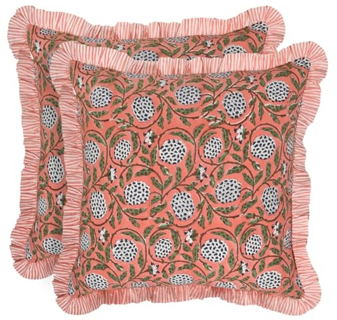 Ridhi Block Print Dark Salmon Pink Throw Pillow Cover 18 x 18 (Pack of 2) Decorative Cushion Covers with Ruffle for Couch, Sofa, Bed, Living Room, Home Decor Gift for Spring, Mother's Day