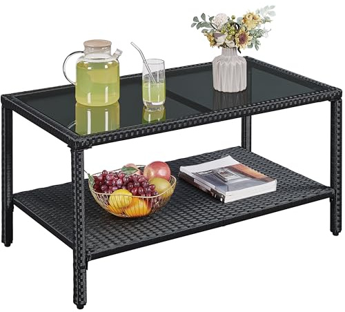 Yaheetech poly-rotting trädgårdsbord sidobord med glasplatta och hylla balkongbord terrassbord soffbord loungebord för inomhus utomhus, svart