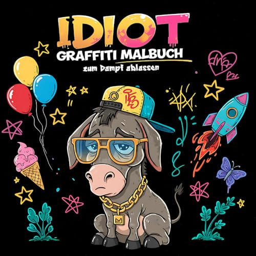 Idiot – Graffiti Malbuch zum Dampf ablassen: Über 50 lustige Motive und coole Graffiti-Bilder zum Ausmalen – Für Kinder ab 8 Jahren und kreative Jungen und Mädchen ab 10
