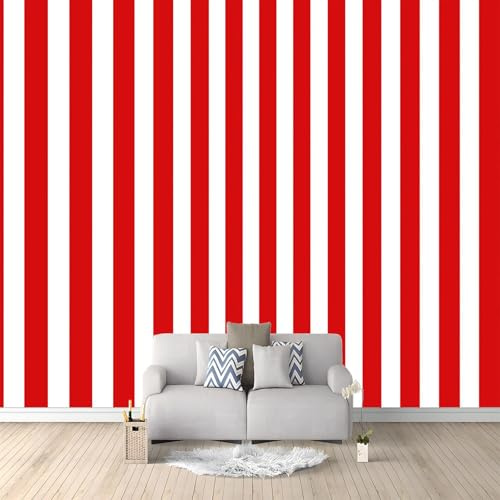 Papel pintado panorámico vintage rojo blanco rayas verticales, 200 x 140 cm, papel pintado no tejido – Tapiz de pared para dormitorio, sala de estar, decoración de pared – Minimalista