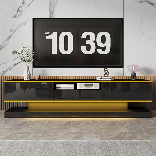 LAKFEW Mueble TV 180 cm de hasta 75 Pulgadas, Muebles TV con con Luz LED, Mueble Television con 3 Cajones y Compartimento Abierto, Muebles de Salon, 180x38x45 cm, Negro+Dorado