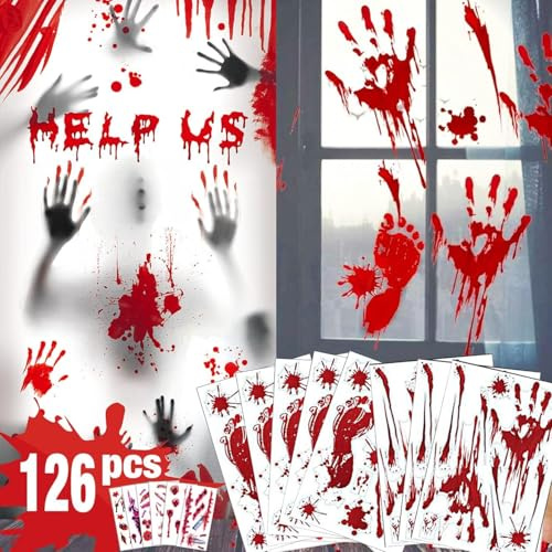 Halloween Deko Fenster Blut Aufkleber 126 Stück Grusel Fensterbilder Türdeko Fensterdeko Haloween Stickers Türdeko mit Narben Tattoo Gruselig Zombie Halloweenparty Indoor Geschenke