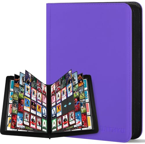 WITHYU Álbum de Colección de 16 Bolsillos, Capacidad 1024 Cartas. Carpeta Impermeable de Carga Lateral con Cremallera para TCG, Fútbol y Cartas Coleccionables, Portátil (Morado)