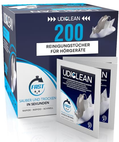 200 Hörgeräte-Reinigungstücher Udiclean einzeln verpackte Feuchttücher - entfernt Schmutz Fett und Schweiß - schnelltrocknend