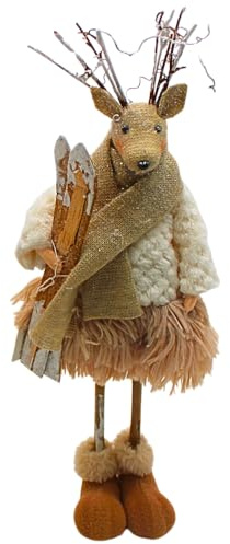 Figura Decorativa XXL de Ciervo, Reno con cornamentas, Figura de Ciervo, Ciervo de pie Textil con esquí, Bufanda y Zapatos de Invierno en Color Blanco y marrón. Dimensiones de una Escultura de Ciervo