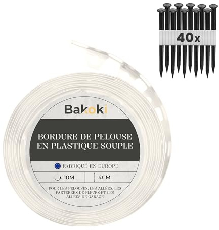 BAKOKI Bordure de pelouse Flexible (10 m | 40 piquets d'ancrage | 4 cm de Hauteur) - en Plastique Blanc résistant aux intempéries - Bordure de Parterre de Fleurs - Bordure de Tonte