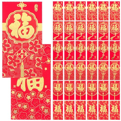 LOLIPPYY 36 Piezas Sobres Rojos de Papel para Año Chino Bolsas Tradicionales para Dinero Decoración Roja Festiva con Diseño Delicado y Auspicioso para Regalos y Felicitaciones