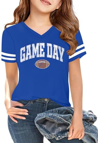 Girls Boys Football Shirt Game Day Shirts for Kids 5-14Years Graphic Sunday Funday T-Shirt V Neck Sport Season Tee Tops (Blue2, 120)