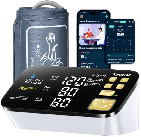 RunStar Smart AFib Tensiómetro de brazo Detecta Fibrilación Auricular inteligente app para iOS y Android, Pantalla LED de 6,5 pulgadas, 2 Usarios