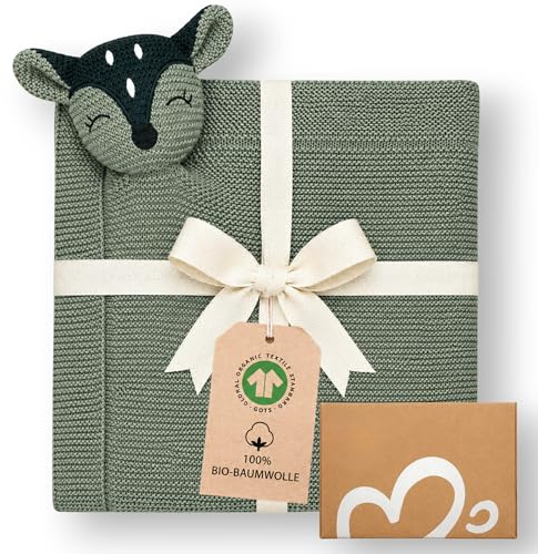 Babydecke Baumwolle GOTS – 2-in-1 Strickdecke Baby 80x100 cm mit Schmuse-Reh, Kuscheldecke für Kinderwagen, Bettchen & Neugeborene, Geschenk zur Geburt & Baby Erstausstattung in Geschenkbox