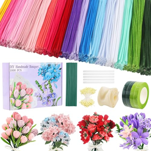 1000 Stück Pfeifenreiniger, Pfeifenputzer zum Basteln Set 18 Farben | Pipe Cleaner, Pfeifenreiniger Blumen mit Geschenkband, Klebeband, Staubblätter für DIY Geschenke und Dekorieren