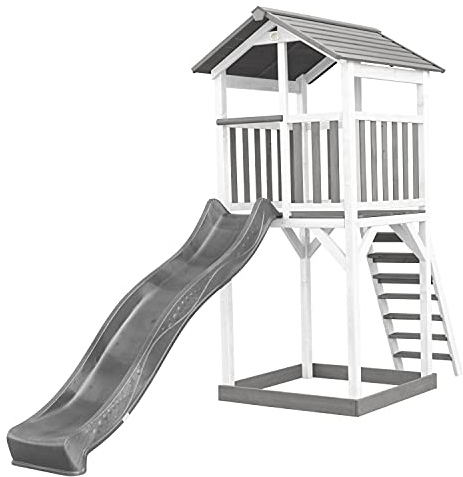 AXI Beach Tower Spielturm aus Holz in Weiß & Grau | Spielhaus für Kinder mit Grauer Rutsche und Sandkasten | Stelzenhaus für den Garten..