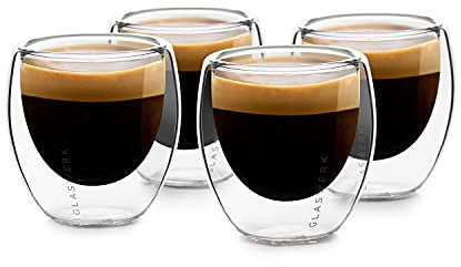 GLASWERK - Tazas de Café Expresso (4x 70 ml), Vasos Café Cristal Doble Pared de Borosilicato, Tazas Café Grandes, Vasos Térmicos aptos Lavavajillas, Juego de 4 tazas