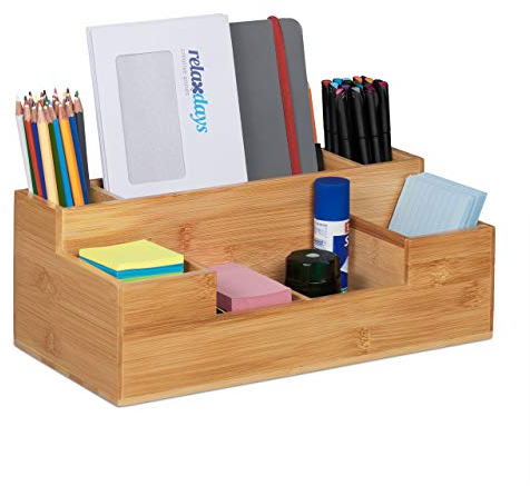 Relaxdays Schreibtisch Organizer, 7 Fächer, Bambus-Organizer, Büro, Küche, Bad, Tischorganizer HBT 11x30x15cm, Natur