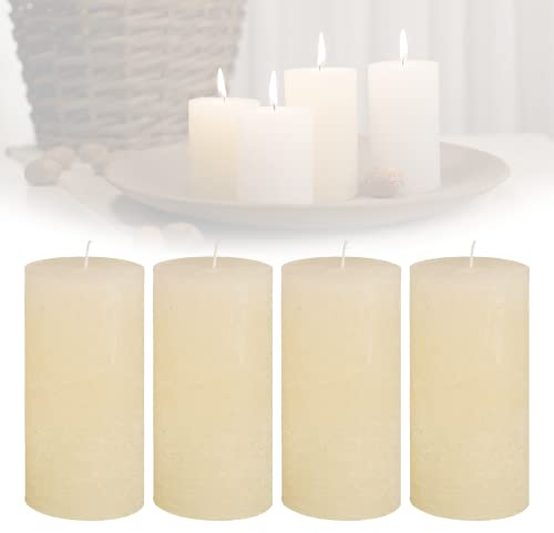 Candelo 4er Set Kerzen Ambiente Rustic Stumpenkerzen - Creme - große Rustik Kerze 12cm - lange Brenndauer ca. 54 Std Weihnachtskerzen Adventskranz