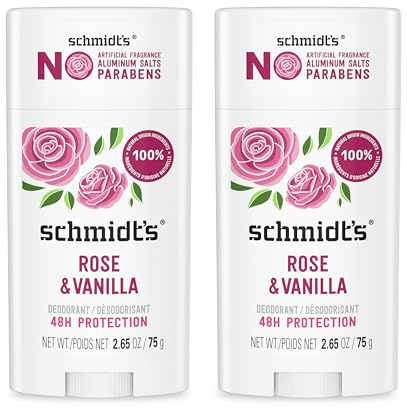 Schmidt's Aluminum-Free Vegan Deodorant Rose & Vanilla with 24 Hour Odor Protection 2 Count for Women and Men, Natural Ingredients, Cruelty-Free, 2.65 oz