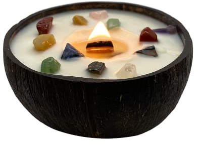 VIE Naturals Bougie faite à la main dans une coquille de noix de coco naturelle, pierres précieuses chakra