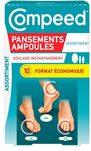 Compeed® - 10 Pansements Ampoules Hydrocolloïde Format Economique - Assortiment 3 formats : x4 Moyen, x4 Petit, x2 Orteils
