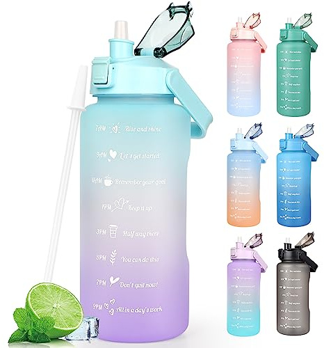Water Bottle 2L BPA Free Sport Drinks Jug with Time Marking & Lock Cover, Leak Proof 2 Liters Water Bottle with Portable Handle, Green Water Canteen Bottle
